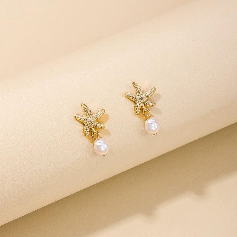  Creative Star Seashell Zircon Earrings 6 Piece Set for Women Electroplated Alloy Vacation Style Fresh and Sweet