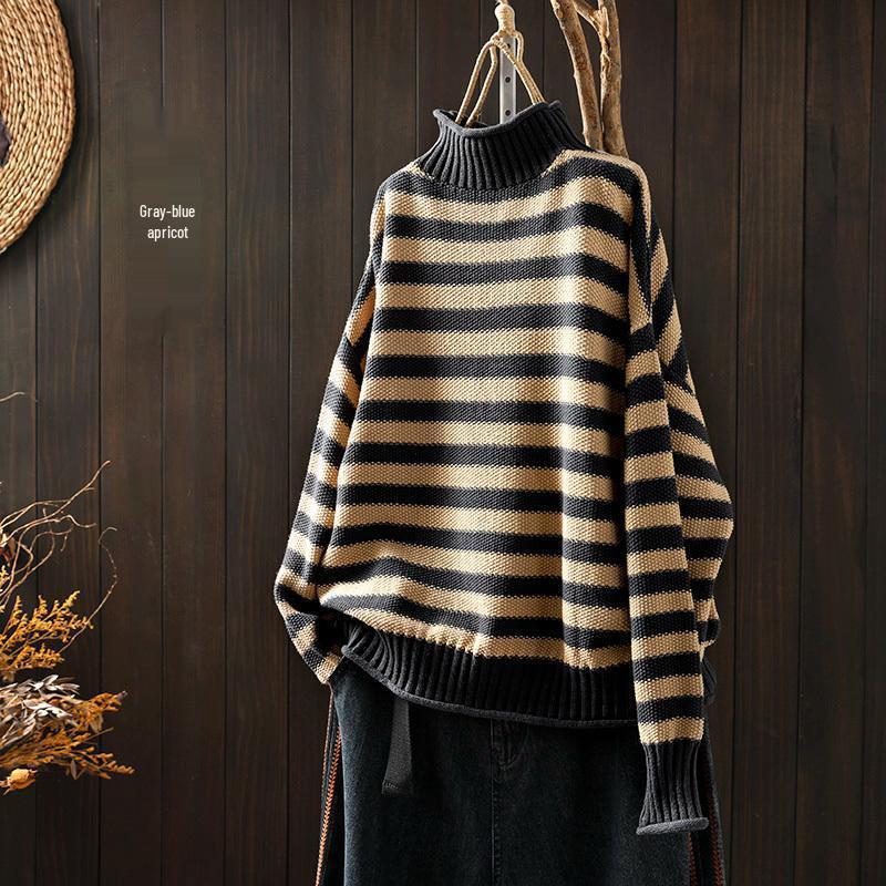 Women's Retro Striped Color Block Half High Neck Sweater - Loose & Casual Knitwear for Autumn/Winter 2026.