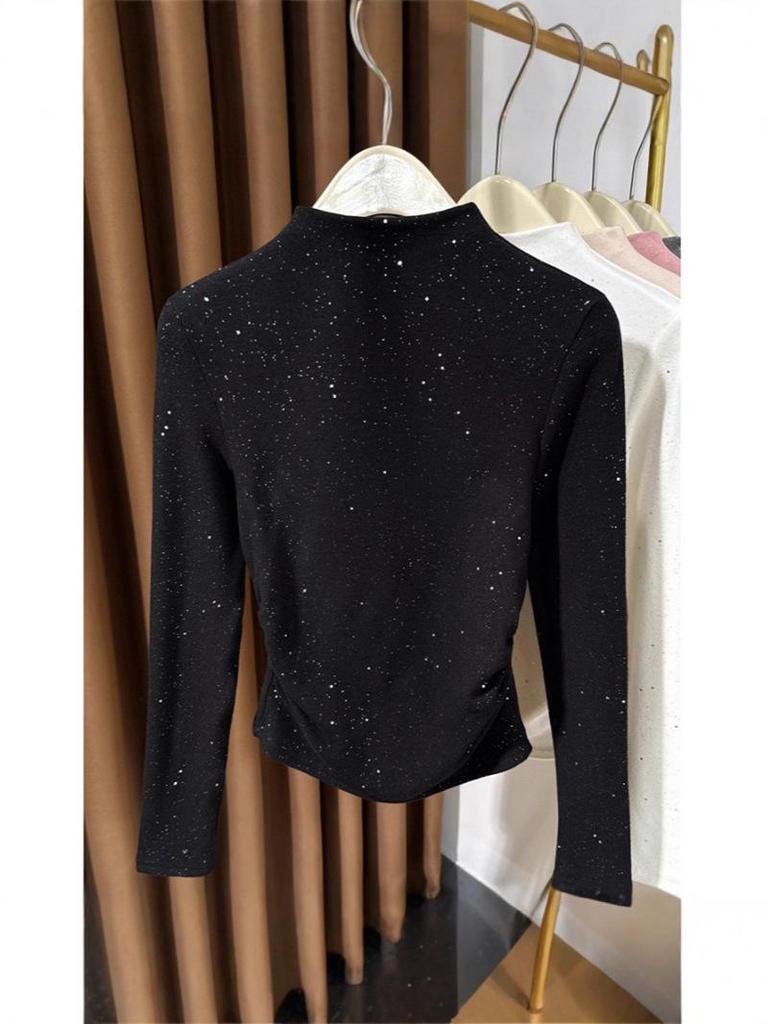 Women's Black Thermal Fleece Slimming Long-Sleeve Top with Half-High Neck - Stylish Base Layer for Autumn/Winter