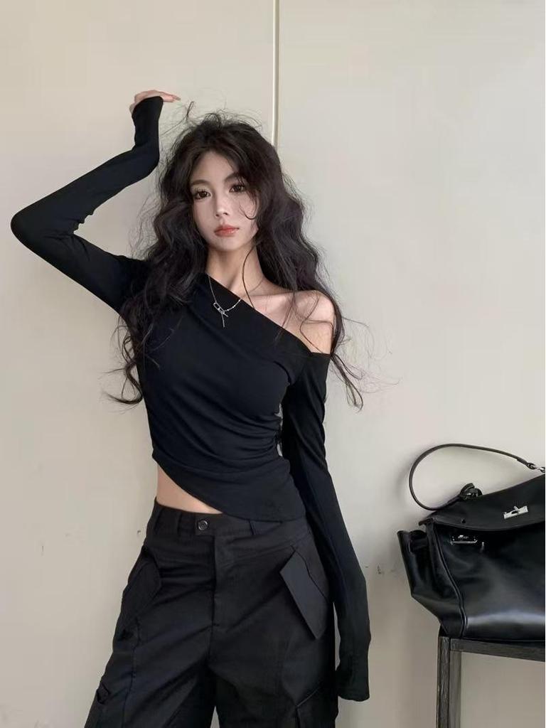 Women's Black Off-Shoulder Sexy Long Sleeve Slim Fit Irregular Top for Autumn