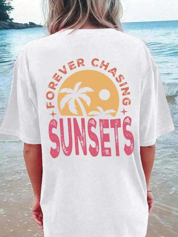 Unisex s Letter & Heart Print Round Neck T-Shirt L