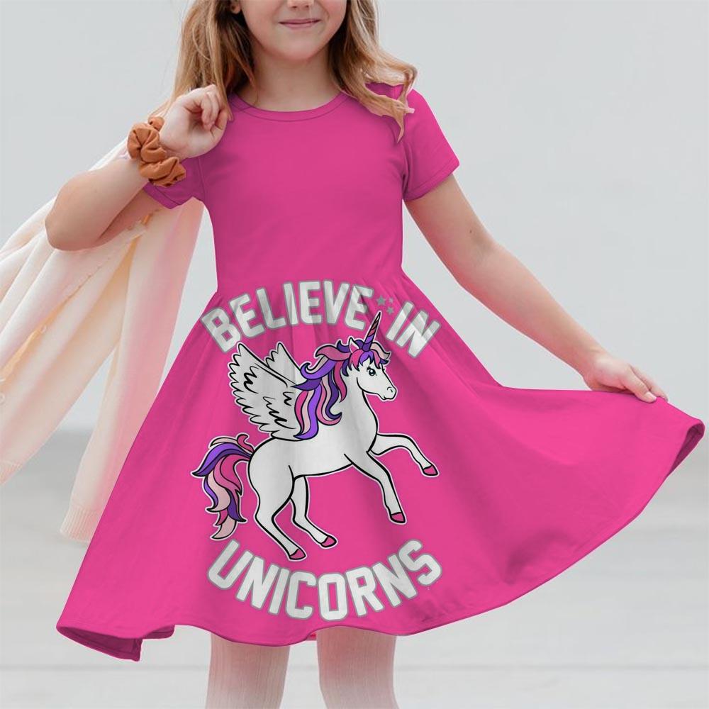 Robes d'été pour filles Licorne Enfants Robe à manches courtes Dessin animé Tout-petits Décontracté Robes droites Vêtements pour enfants 3-12 ans