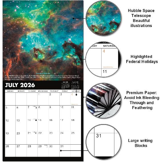 2026 Wall Calendar - Hubble Telescope Wall Calendar 2026, January 2026 - December 2026, 12" x 24" (Open), Hanging Hook, Blocks and Holidays -
