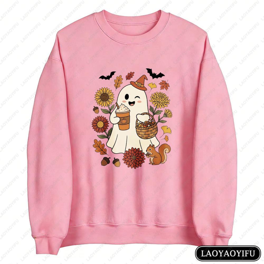 Cute Ghost Pumpkin Spice Latte Pullovers Cozy Halloween Sweatshirt Retro Fall Season Hoodie Autumn Sunflowers Spooky Season Gift