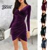 Hip-hugging Party Dress Women's Sexy Velvet Long Sleeve V Neck Mini Ruched Bodycon Faux Wrap