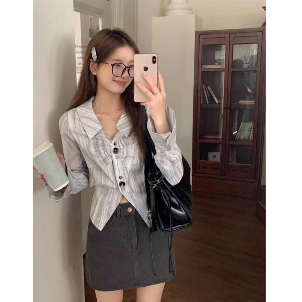 

Women s Korean Chic Striped Blue Lapel Shirt, Irregular Pleated, Long-Sleeved, Slim Fit, Autumn Fashion L (Premium Quality) серый