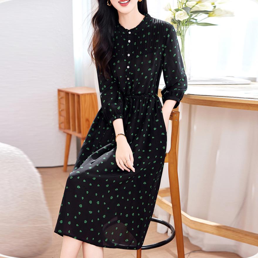 

Модное шелковое платье с принтом для женского лета, новое, с талией и тонкой цветочной юбкой из тутового шелка 3XL чёрный