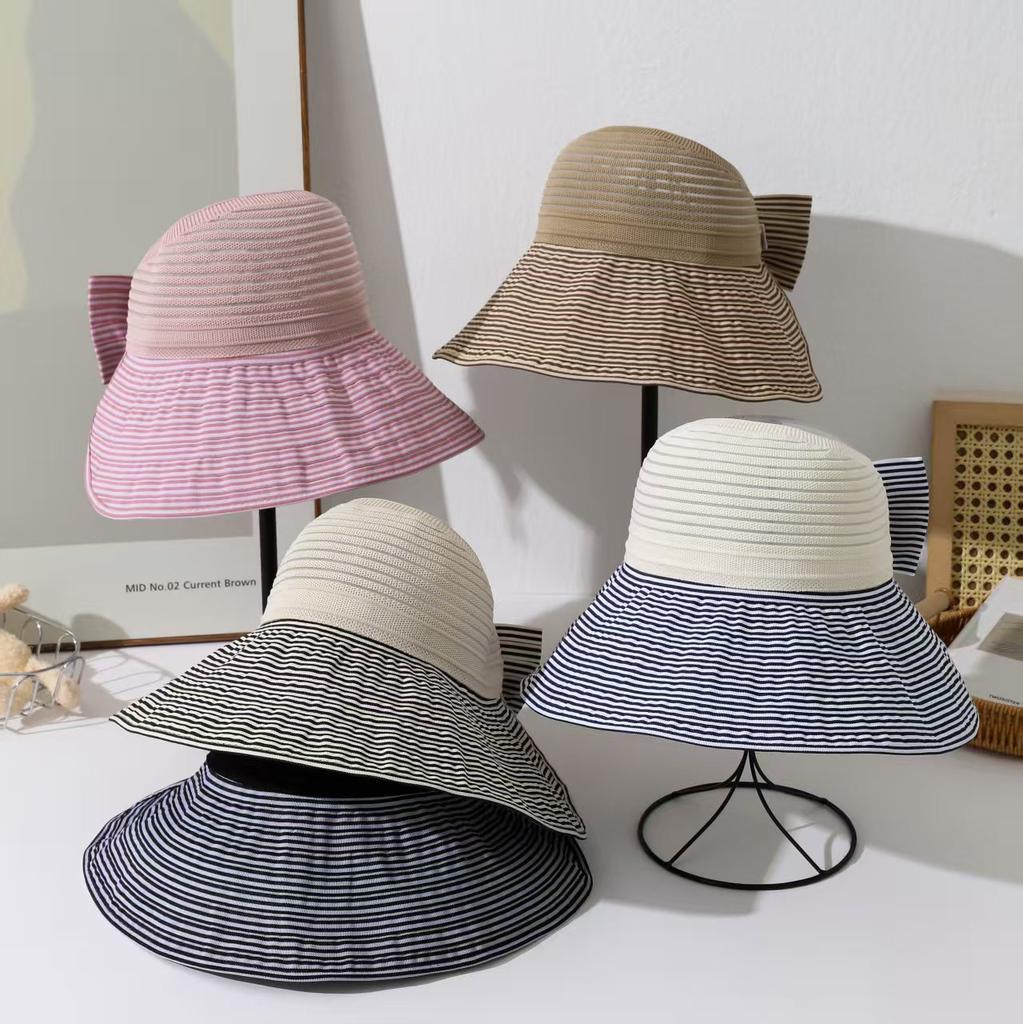 New Summer Outdoor Travel Fashion Versatile Striped Big Brim Hat Bucket Hat Women Ins Rollable Visor