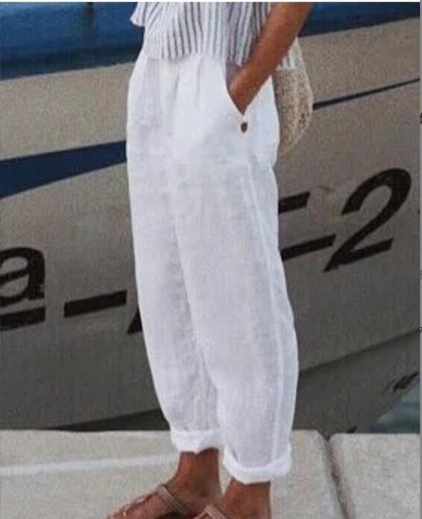 Cotton and Linen Solid Color Rolled Hem Casual Pants with Customizable Patterns