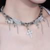 Silver Wing Crucifix Tassels Leather Choker Necklace Adjustable Length Clavicle Chain Stylish Accessory for Trendy Youth