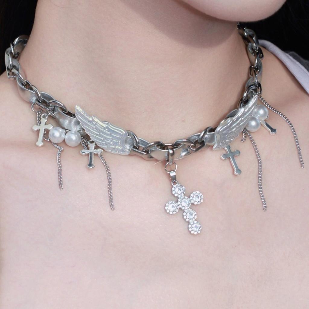 Silver Wing Crucifix Tassels Leather Choker Necklace Adjustable Length Clavicle Chain Stylish Accessory for Trendy Youth