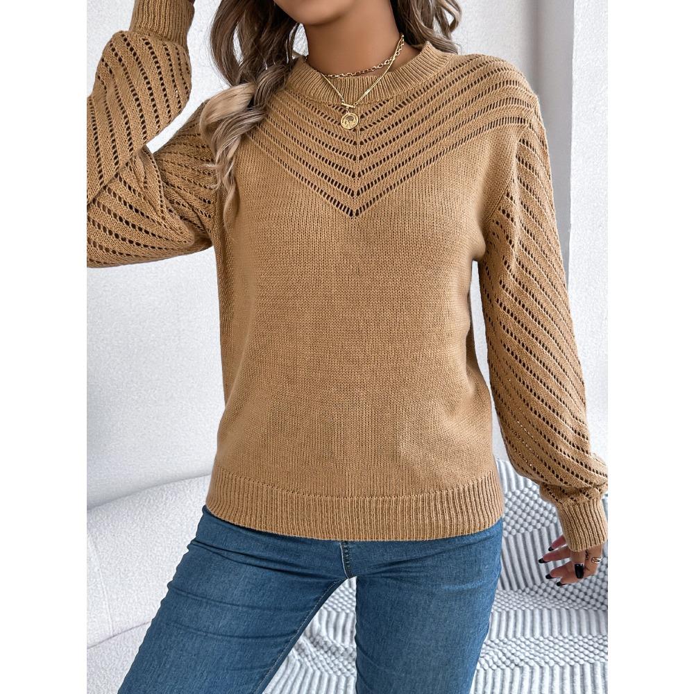 Neuankömmling Damen Sweatshirt Herbst/Winter Lässig Einfarbig Rundhalsausschnitt Schnürung Glockenärmel Pullover Damen Strickpullover