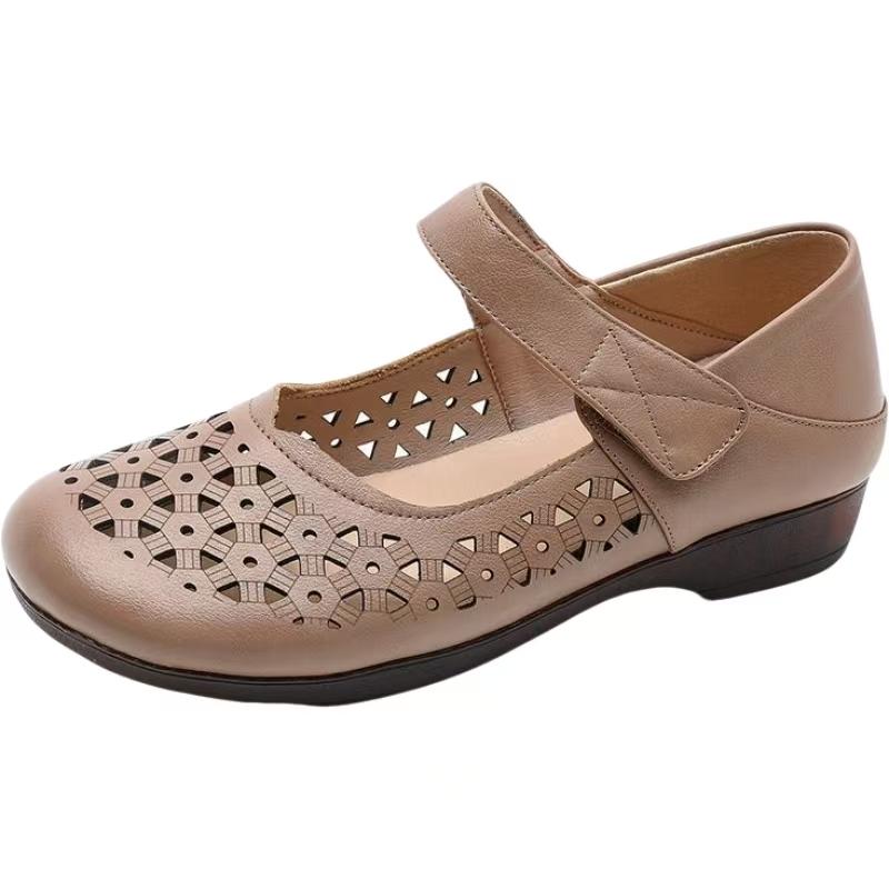 Women's Leather Baotou Hollow Out Flat Sole Sandals Summer New Soft Sole Breathable Velcro Lightweight Cave Shoes Elderly Sandal