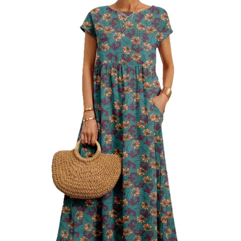 European & American Style Loose Sleeveless Cotton Linen Dress with Matching Colors & Sizes - Round Neck Summer Print Dress for Women