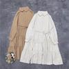 Japanese Striped Lapel Cake Dresses Spring Retro Loose Versatile Simple Casual Solid Color Women Dresses