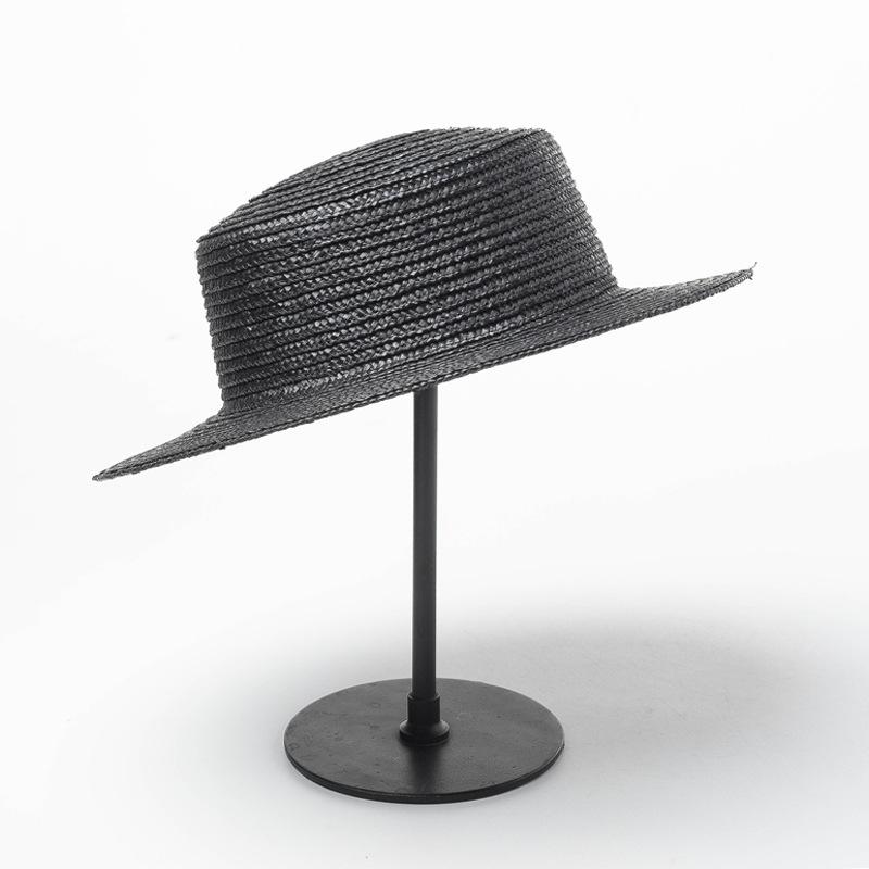 European, American Spring and Summer New Simple Light Board Black Straw Grass Flat Top Top Hat Sunscreen Sunshade Travel Flat Top Straw Hat