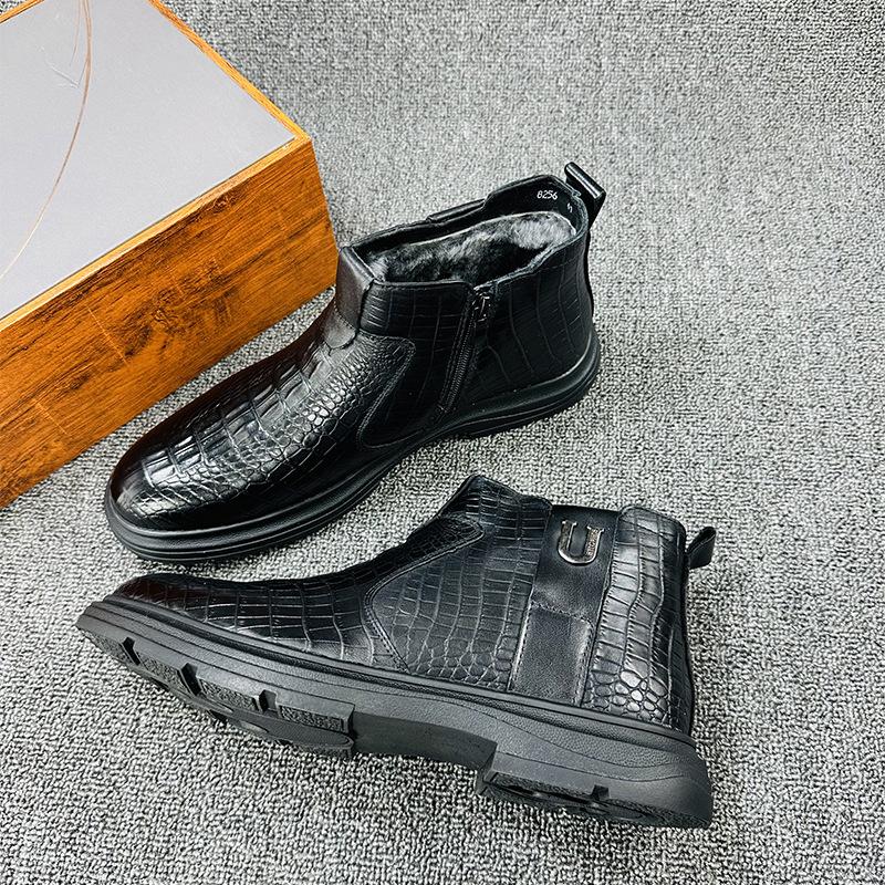 2025 Winter New Velvet Crocodile Pattern Men's Boots Fashionable Medium Tube Martin Boots British Leather Boots Warm Men's Boots