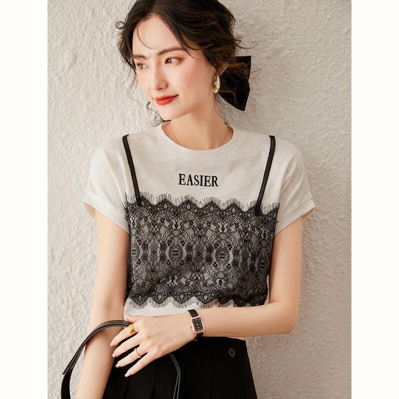Bailuyu Faux Two-Piece Spliced Lace Cotton T-Shirt L
