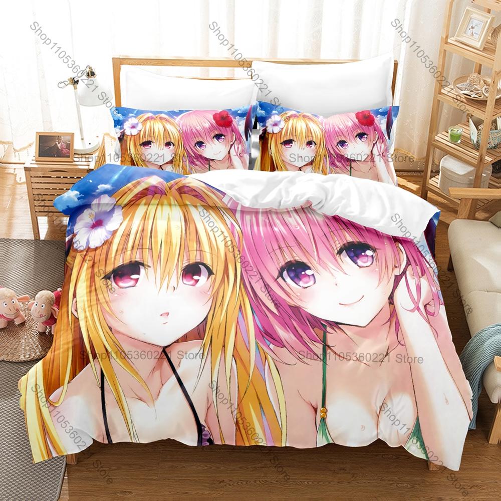 Cool Classic To Love Ru Ecchi Manga Print Bedding Set 3in1 1 Duvet Cover 2 Pillowcases Soft Home Textile For Anime Collectors