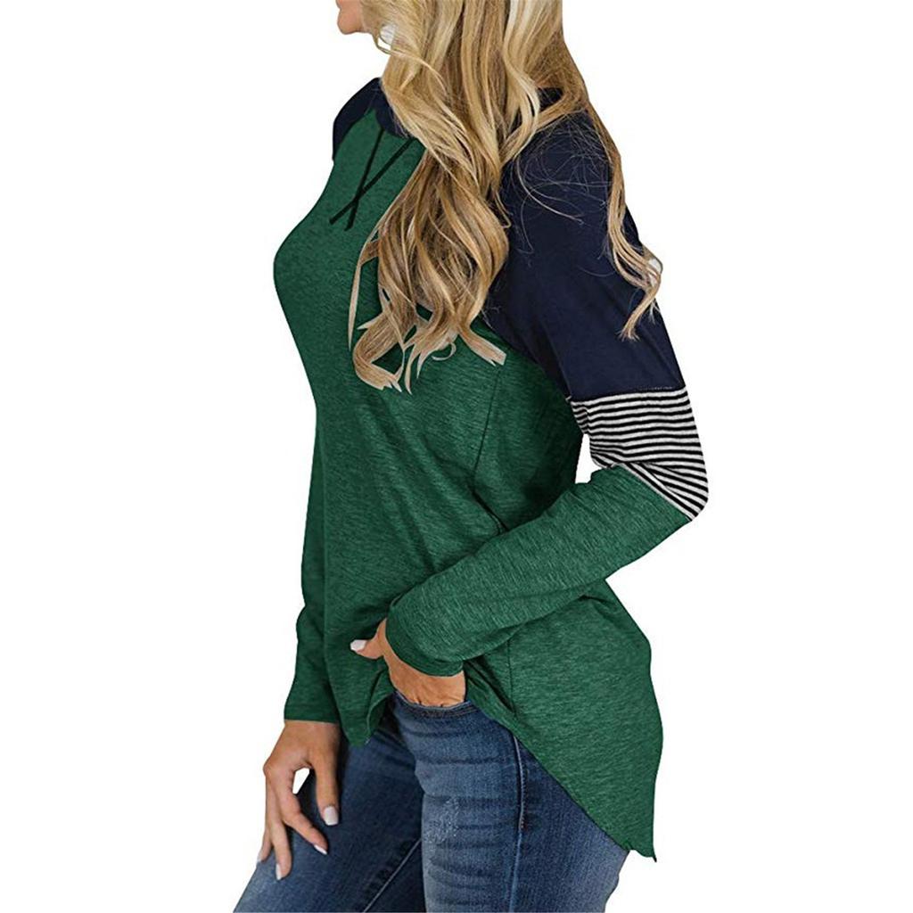 Womens Casual Long Sleeve Round Neck Splicing Stripes Color Blouses Leisure Tops