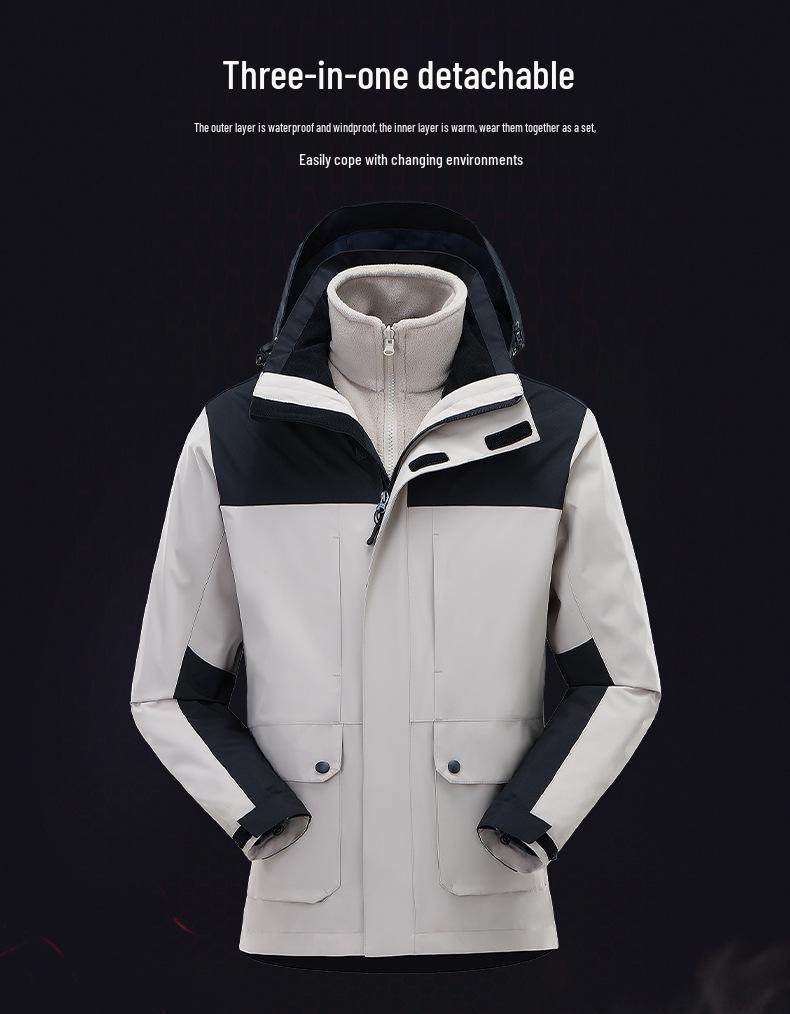 Unisex Winter Hooded Waterproof Windproof Three-in-One Mountaineering Jacket