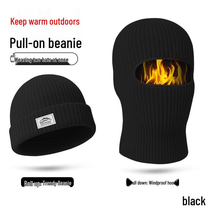 European and American Style Thick Woolen Beanie with Ear Flaps - 2-in-1 Knitted Hat & Adjustable Face Protection for Warm Cycling