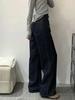 Autumn/Winter 2025 Women's Deep Blue Denim Fleece-Lined High-Waisted Wide-Leg Jeans