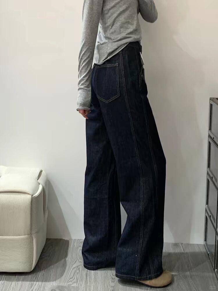 Autumn/Winter 2025 Women's Deep Blue Denim Fleece-Lined High-Waisted Wide-Leg Jeans