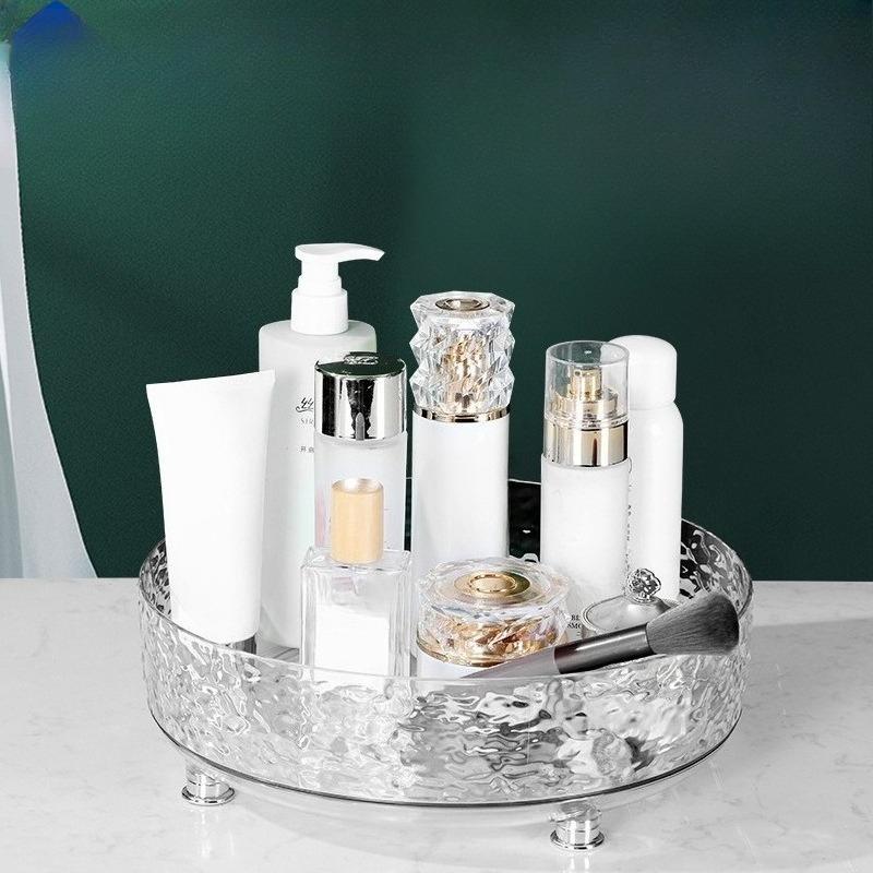 Home Luxury-style Ice Crystal Pattern Rotating Storage Box, Transparent Storage Turntable, Tabletop Skincare and Perfume Storage Rack