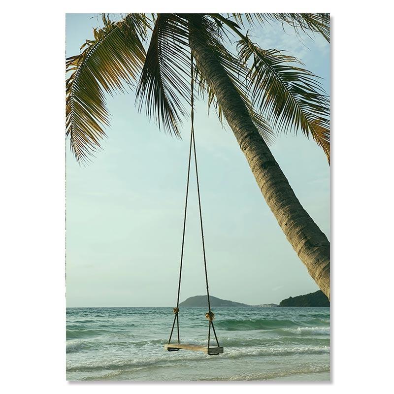 Tropical Beach Ocean Poster Palm Tree Banana Leaves Wall Art Canvas Painting Bridge Summer Seascape Picture For Home Decor