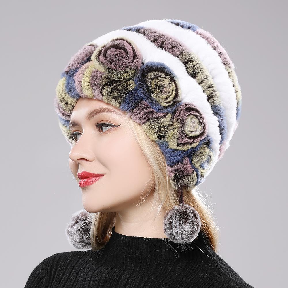 

Winter Hats for Girls Women s Fur Hat Real Rex Rabbit Cap Floral Knitted Hat with Balls Skulls Beanies 55-59cm 55-60cm жёлтый/белый