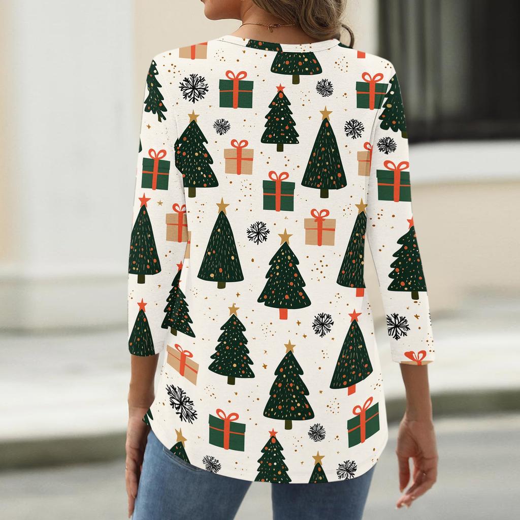 Women's Casual Christmas Print V-Neck Button-Front Three-Quarter Sleeve T-Shirt Top