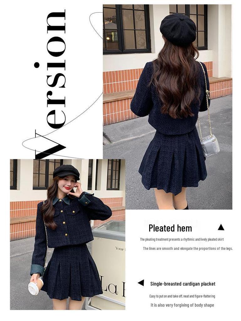 Women's Autumn Denim Patchwork Set: Black Jacket & Midi Skirt Two-Piece Set