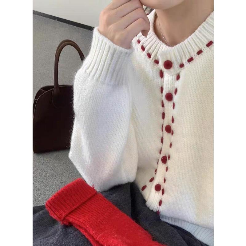 Contrasting Color Rope Design Sense Knitted Cardigan Spring New Round Neck Loose Single-breasted Sweater Jacket Women