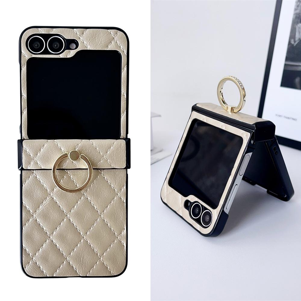 Leather Finger Ring Buckle Case for Samsung Galaxy Z Flip 7 6 5 4 3 Grid Pattern Stand Holder Shockproof for Galaxy Flip 6 Cover