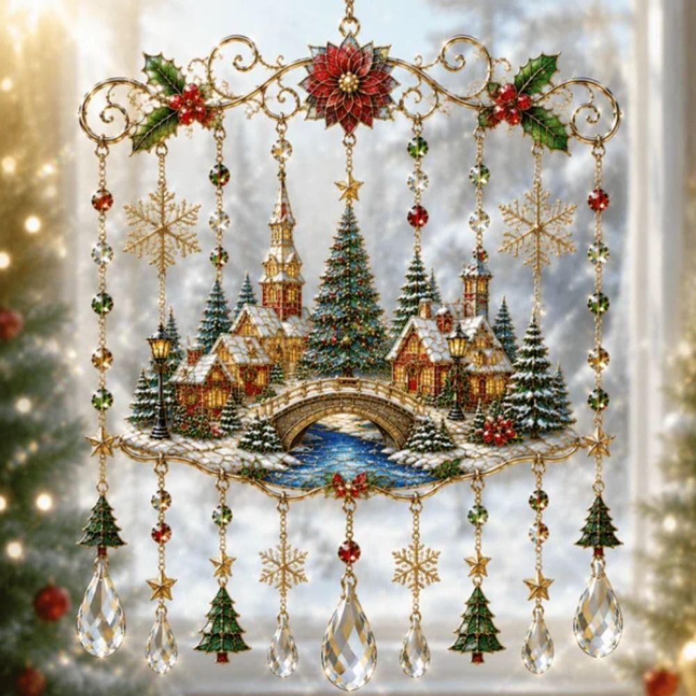 Hanging Design Christmas Suncatcher Acrylic Santa Sleigh Ornament Holiday Wind Chime Xmas Gift