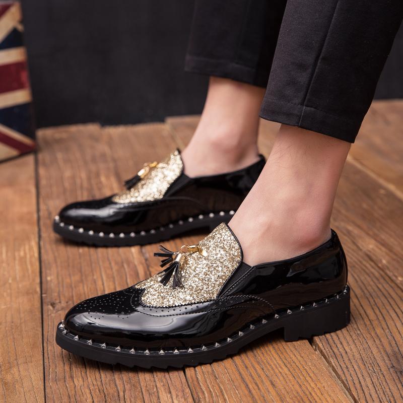 Fashion Patent Casual Leather Designer Gold Stylist Mens Dress Sequins Party Wedding Luxury Italian Oxford Shoes for Men Loafers