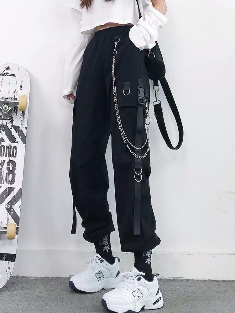 

Tie toe overalls women s slim high waist autumn handsome black pants women s loose straight tube Korean version trend chain S