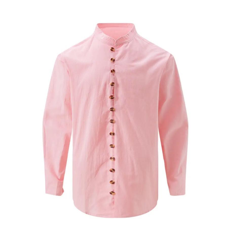 Retro Style Plus Size Solid Color Men's Cotton and Linen Long Sleeve Button Down Shirt with Stand Collar Spring Fall Outdoor