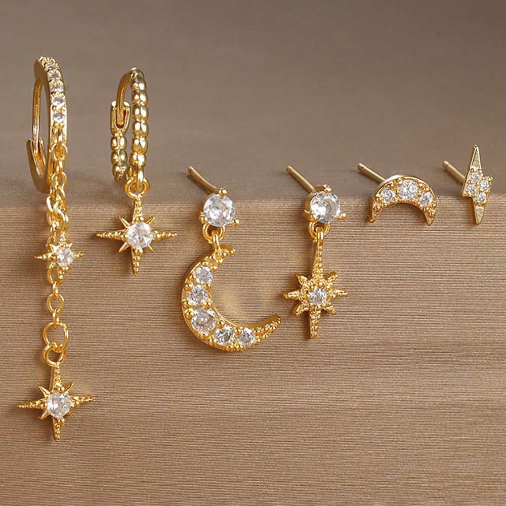 6PCS New Design Stainless Steel Cubic Zirconia Chain Hoop Earring For Women Star Moon Pendant Punk Cartilage Piercing Jewelry