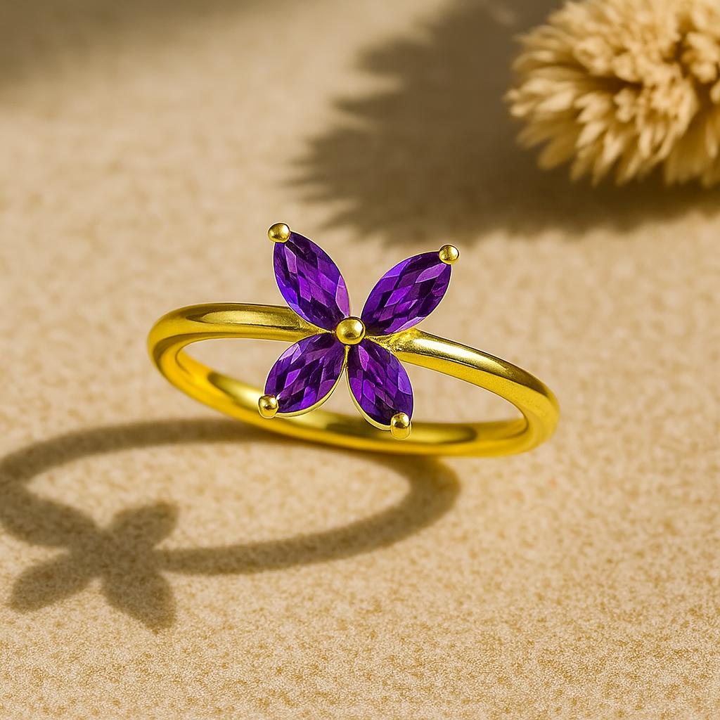 Purple Amethyst Flower Shape Gold Plated Ring for Women – Elegant Floral Jewelry