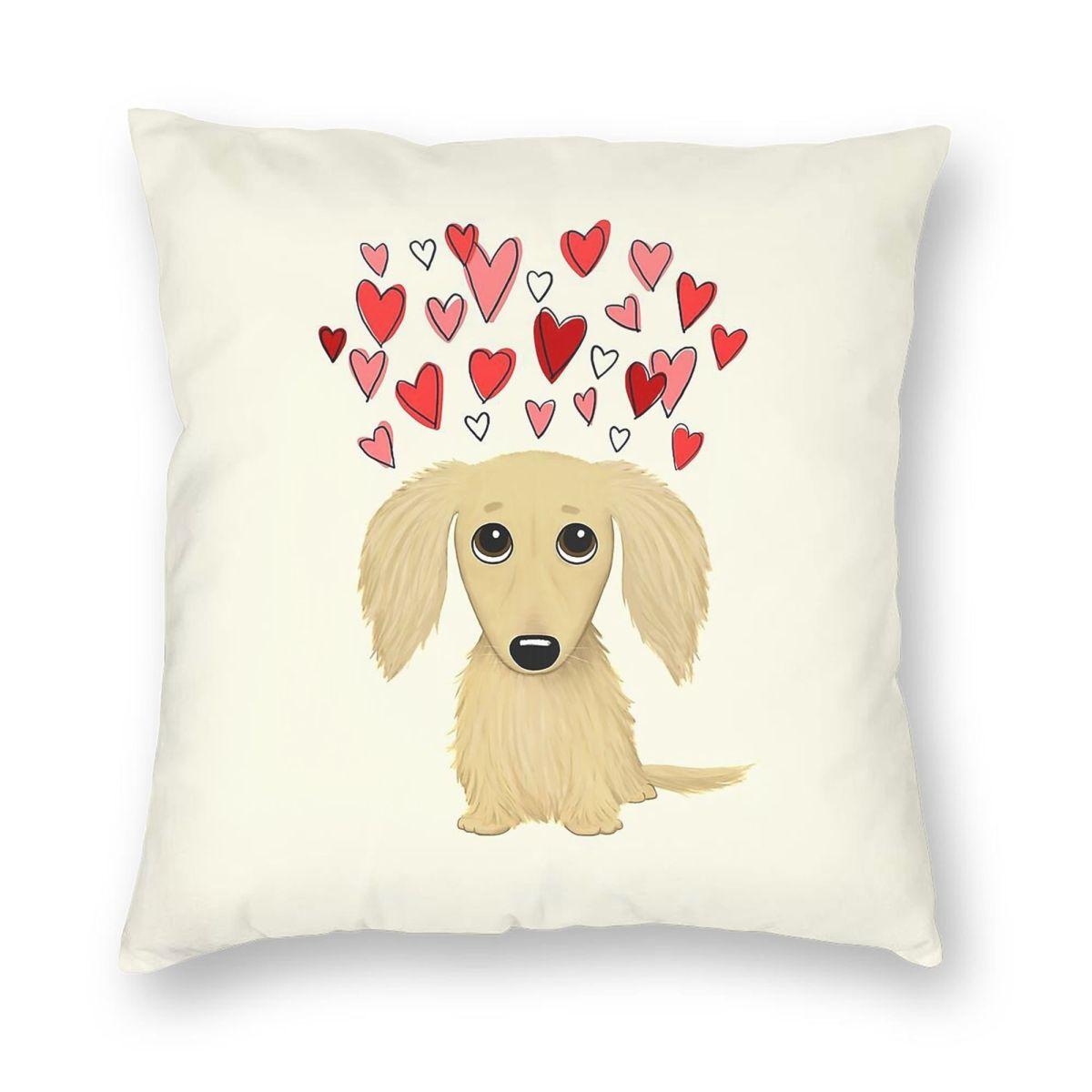 Longhaired Cream Dachshund With Hearts Pillowcase Polyester Linen Velvet Creative Zip Decor Car Cushion Cover Peach skin 18*18(CM)-1Pcs