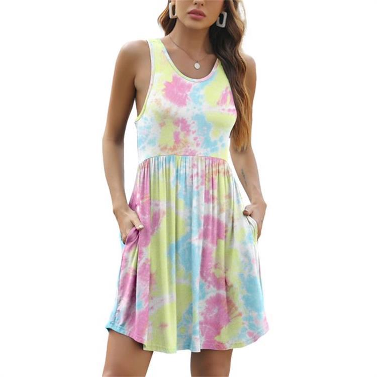 European and American women s clothing new printed dress casual round neck sleeveless vest skirt high waist pullover A-shaped skirt women S