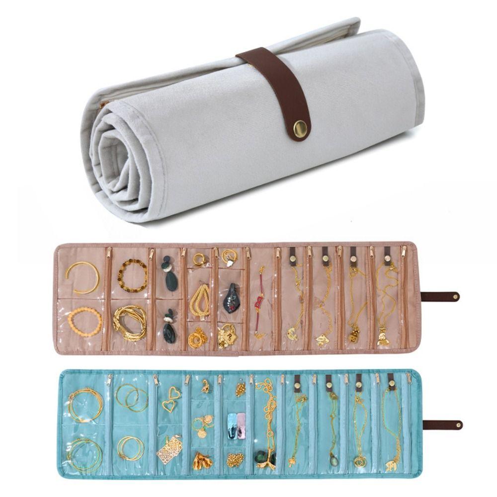 Roll-Up Style Jewelry Organizer Multi-pocket Zipper Anti-lost Jewelry Storage Pouch Flannel Foldable Storage Bag