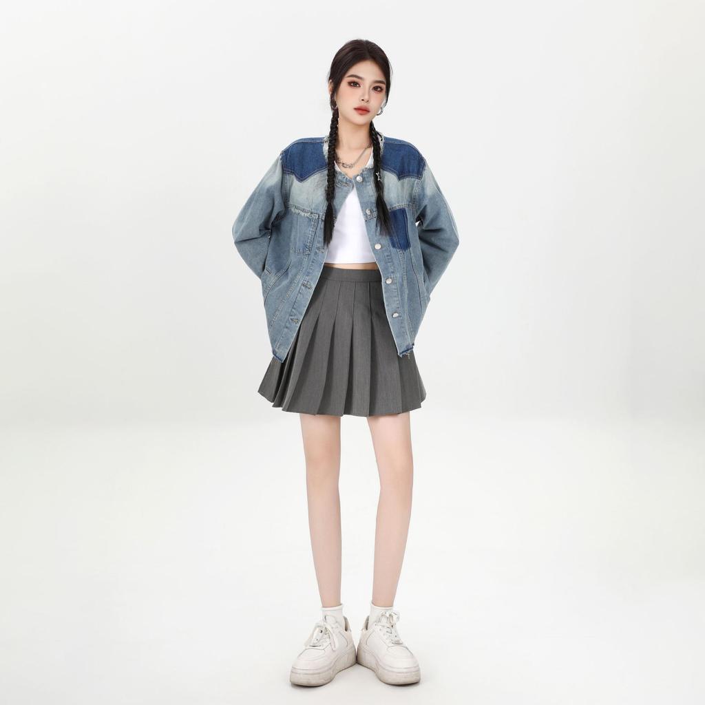 Damska kurtka raglanowa z denimu w stylu retro - Wczesnojesienna codzienna góra w blokach kolorystycznych