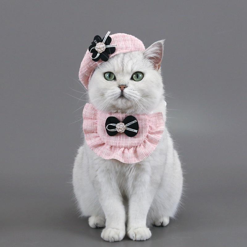 Cat Beret Suit Adjustable Flower Cat Dog Pearl Bow Bib Woven Pet Saliva Towel Wedding Party Bowknot Embroidery Princess Suit