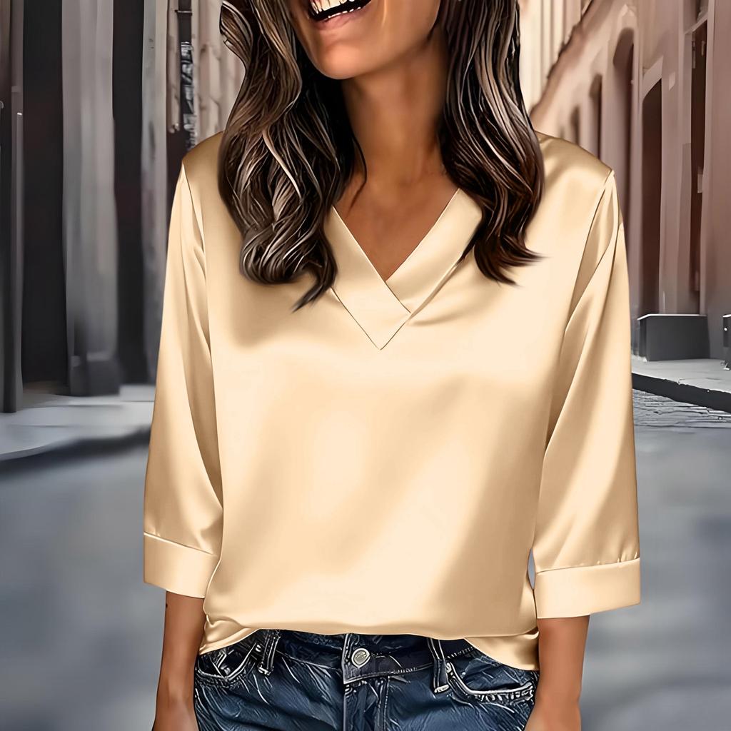 Womens 3/4 Length Sleeves Shirts V-Neck Satin Color Loose Dressy Trendy T-Shirt Pullover Blouse Tops