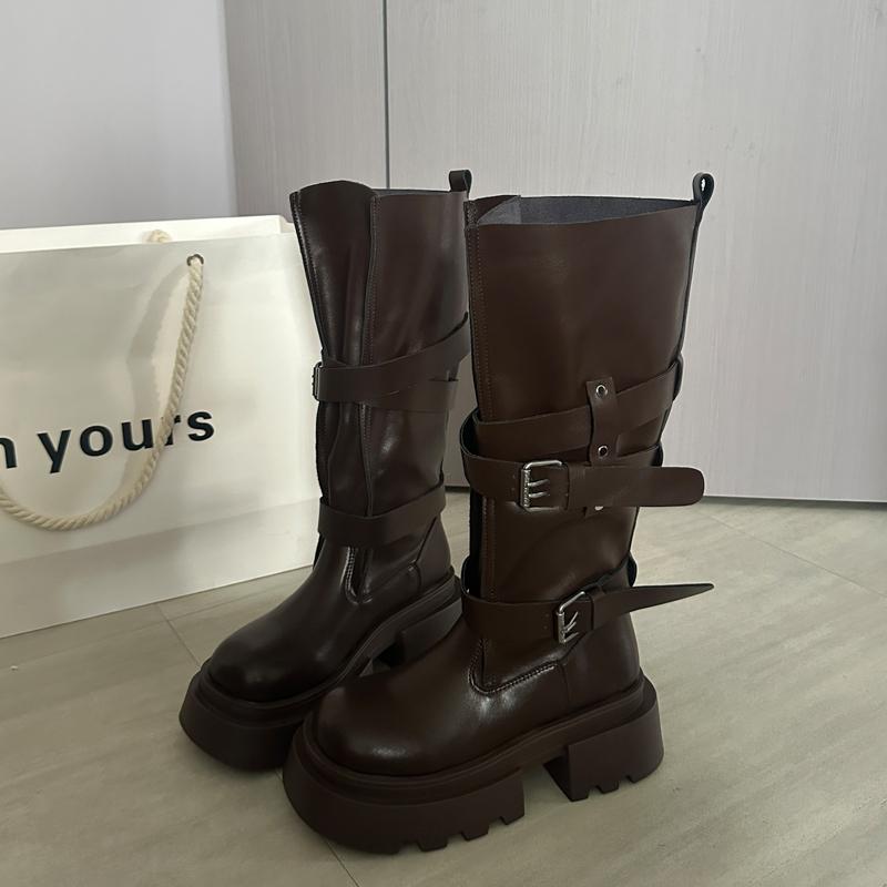 Winter Fashion Platform Woman Knight High Boots Fashion Belt Buckle Thick Sole Shoes Ladies Slip On Modern Long Botas
