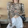 Streetwear Zebra Print Cropped Knit Sweater Women - Short Length Long Sleeve Round Neck Slim Fit