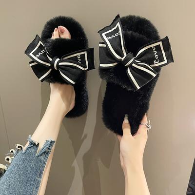 Fashion Casual Fluffy Slippers Women House Flats Fashion Winter Bowknot Love Designer Shoes Ladies Home Plush Platform Elegant Footwear